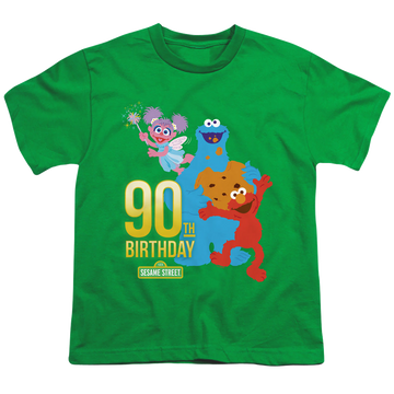 Kelly green youth t-shirt for ages 8 to 12 with Sesame Street 90Th Birthday graphic