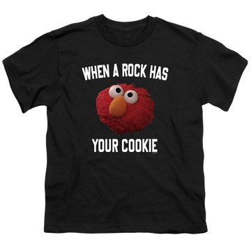 Black youth t-shirt for ages 8 to 12 with Sesame Street Elmo Rock Your Cookie graphic
