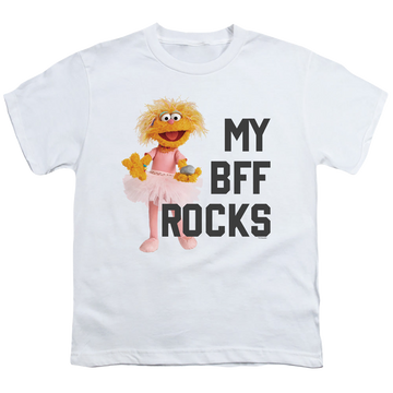 White youth t-shirt for ages 8 to 12 with Sesame Street Zoe Bff Rocks graphic