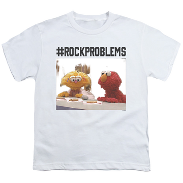 White kid's t-shirt for ages 4 to 7 with Sesame Street Elmo Rock Problems graphic