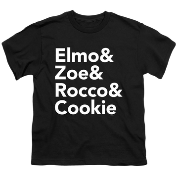 Black youth t-shirt for ages 8 to 12 with Sesame Street Elmo And Zoe And Friends graphic