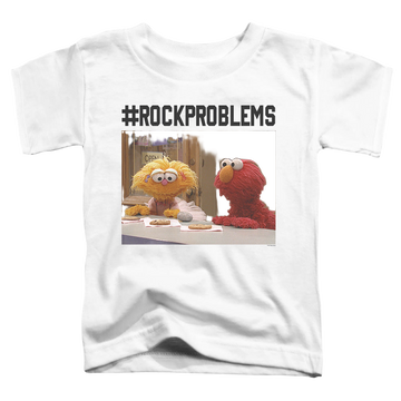 White toddler t-shirt with Sesame Street Elmo Rock Problems graphic