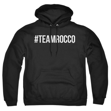 Black pullover hoodie with Sesame Street Team Rocco graphic