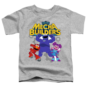 Athletic heather toddler t-shirt with Sesame Street Mecha Builders Group graphic