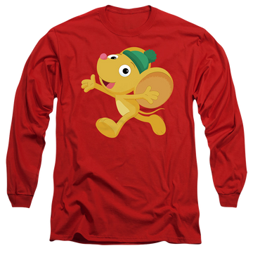 Red men's long sleeve t-shirt with Sesame Street Furry Friend, Little Mouse graphic