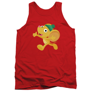 Red men's tank with Sesame Street Furry Friend, Little Mouse graphic