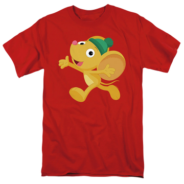 Red men's regular fit t-shirt with Sesame Street Furry Friend, Little Mouse graphic