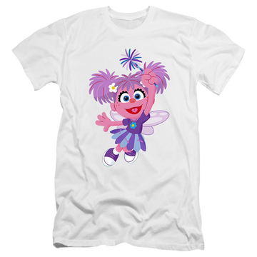 White men's premium slim fit t-shirt with Sesame Street Furry Friends Forever! Abby Cadabby graphic
