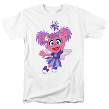 White men's regular fit t-shirt with Sesame Street Furry Friends Forever! Abby Cadabby graphic