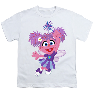 White youth t-shirt for ages 8 to 12 with Sesame Street Furry Friends Forever! Abby Cadabby graphic