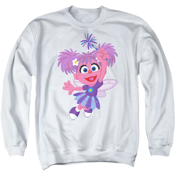 White men's crewneck sweatshirt with Sesame Street Furry Friends Forever! Abby Cadabby graphic