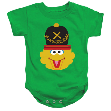 Kelly green baby bodysuit with Sesame Street Christmas Nutcracker Big Bird graphic