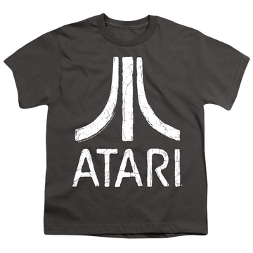 Charcoal youth t-shirt for ages 8 to 12 with Atari Rough Logo graphic
