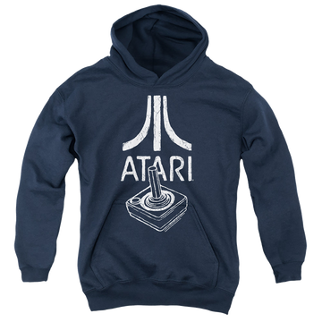 Navy youth hoodie for ages 8 to 12 with Atari Joystick Logo graphic