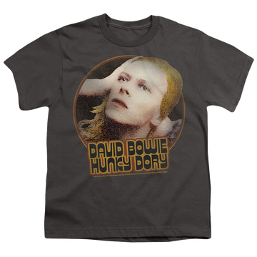 Charcoal youth t-shirt for ages 8 to 12 with David Bowie Hunky Dory Circle graphic