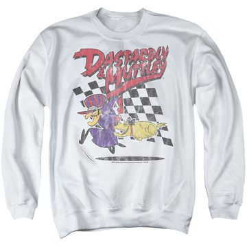 White men's crewneck sweatshirt with Wacky Races Dastardly & Muttley 2 graphic
