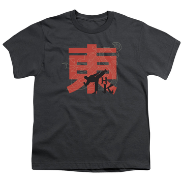 Charcoal youth t-shirt for ages 8 to 12 with Hai Karate Hk Kick graphic
