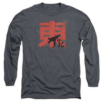 Charcoal men's long sleeve t-shirt with Hai Karate Hk Kick graphic