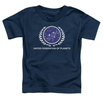 Navy kid's t-shirt for ages 4 to 7 with Star Trek The Original Series United Federation Logo graphic