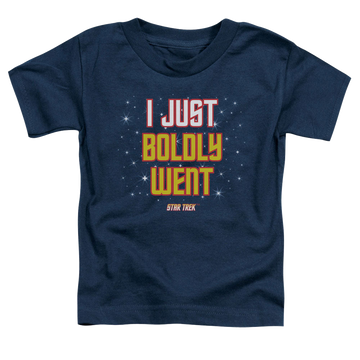 Navy kid's t-shirt for ages 4 to 7 with Star Trek The Original Series Boldly Went graphic