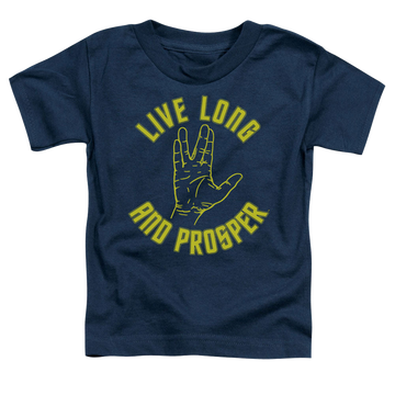 Navy kid's t-shirt for ages 4 to 7 with Star Trek The Original Series Live Long Hand graphic