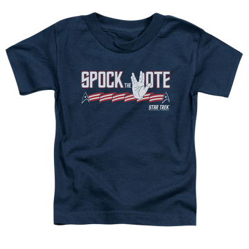Navy kid's t-shirt for ages 4 to 7 with Star Trek The Original Series Spock The Vote graphic