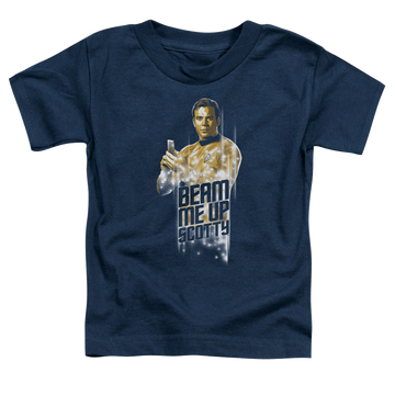 Navy kid's t-shirt for ages 4 to 7 with Star Trek The Original Series Beam Me Up graphic