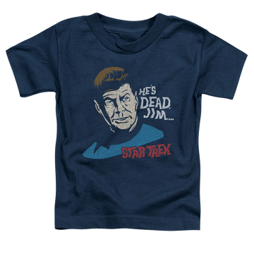 Navy kid's t-shirt for ages 4 to 7 with Star Trek The Original Series Hes Dead Jim graphic