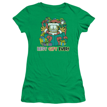 Kelly green juniors t-shirt with Garfield Best Gift Ever graphic