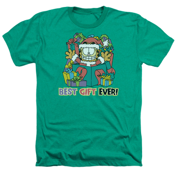 Kelly green men's heather t-shirt with Garfield Best Gift Ever graphic