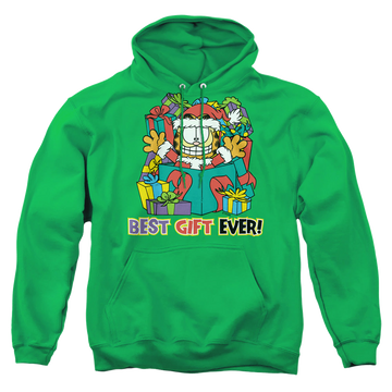 Kelly green pullover hoodie with Garfield Best Gift Ever graphic