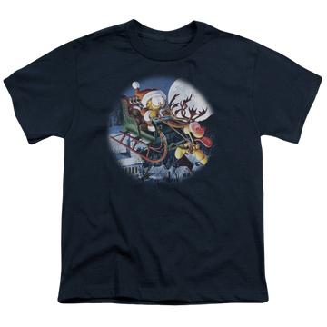 Navy youth t-shirt for ages 8 to 12 with Garfield Moonlight Ride graphic