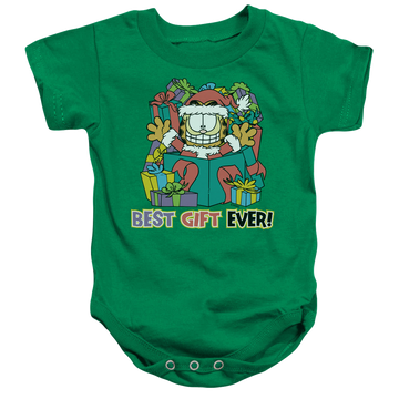 Kelly green baby bodysuit with Garfield Best Gift Ever graphic