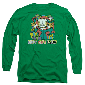 Kelly green men's long sleeve t-shirt with Garfield Best Gift Ever graphic