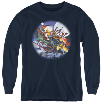 Navy youth long sleeve t-shirt with Garfield Moonlight Ride graphic