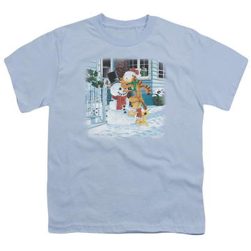 Light blue youth t-shirt for ages 8 to 12 with Garfield Snow Fun graphic