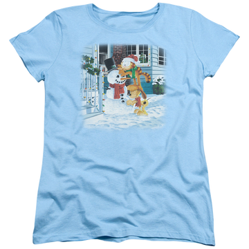 Light blue women's t-shirt with Garfield Snow Fun graphic