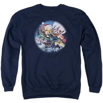 Navy men's crewneck sweatshirt with Garfield Moonlight Ride graphic