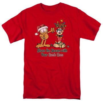 Red men's regular fit t-shirt with Garfield Share The Season graphic
