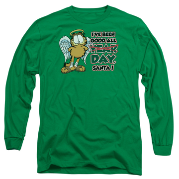 Kelly green men's long sleeve t-shirt with Garfield Ive Been Good graphic