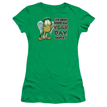 Kelly green juniors t-shirt with Garfield Ive Been Good graphic