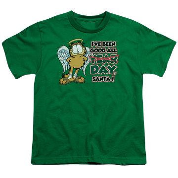 Kelly green youth t-shirt for ages 8 to 12 with Garfield Ive Been Good graphic