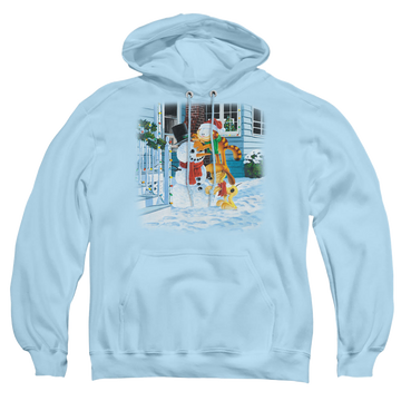 Light blue pullover hoodie with Garfield Snow Fun graphic