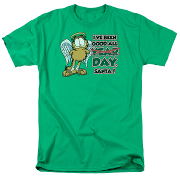 Kelly green men's regular fit t-shirt with Garfield Ive Been Good graphic