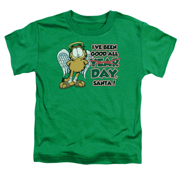 Kelly green kid's t-shirt for ages 4 to 7 with Garfield Ive Been Good graphic
