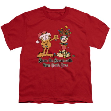 Red youth t-shirt for ages 8 to 12 with Garfield Share The Season graphic