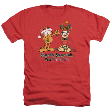 Red men's heather t-shirt with Garfield Share The Season graphic