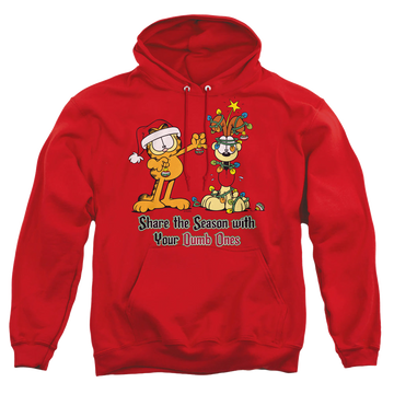 Red pullover hoodie with Garfield Share The Season graphic