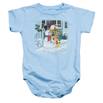 Light blue baby bodysuit with Garfield Snow Fun graphic