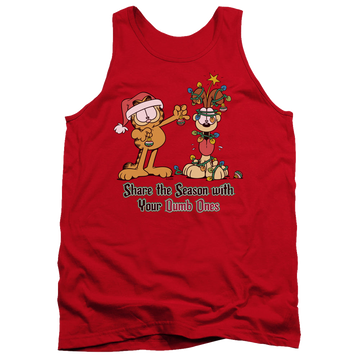 Red men's tank with Garfield Share The Season graphic